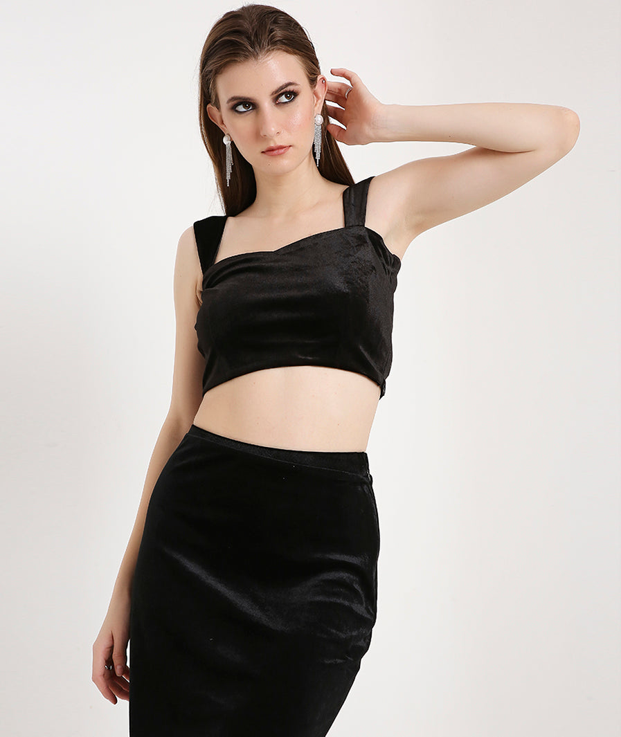 Velvet Crop Top with Broad Straps-Black